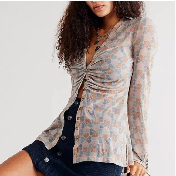FREE PEOPLE Lucky Shirtee Mesh Sheer Top Button Front Mint Combo Small - Picture 1 of 10